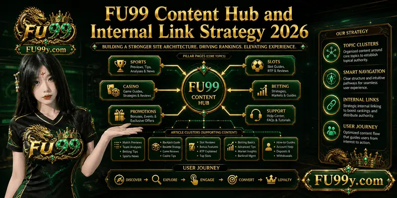 The FU99 internal linking and content center strategy for 2026 includes topic groups, category pages, and SEO guidelines.