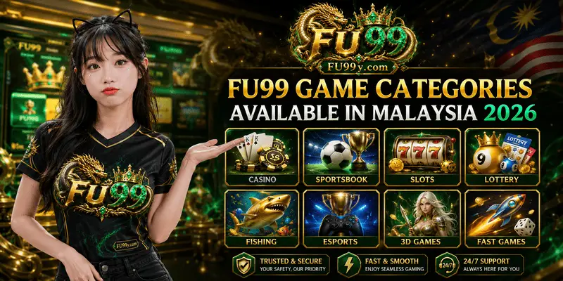 An overview of FU99 game categories in Malaysia in 2026, including casino, sports, lottery, slot machines, fishing, esports, and quick games.
