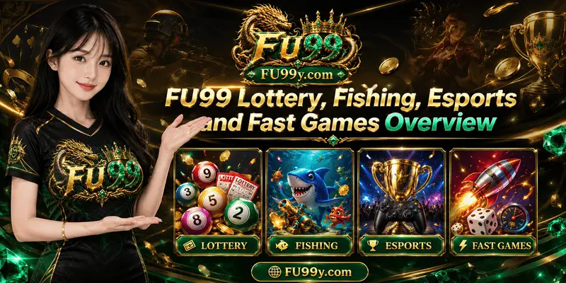 An overview of Lottery, Fishing, Esports, and Quick Games on FU99, showing categories specific to mobile devices and complete gameplay instructions.