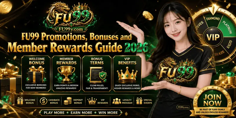 This guide outlines FU99's promotions, bonuses, and member rewards, including betting terms, bonus limits, and advice to encourage responsible gaming.